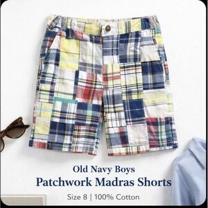 Old Navy Boys 8 Patchwork Madras Style Shorts Multicolor Plaid 100%Cotton Preppy